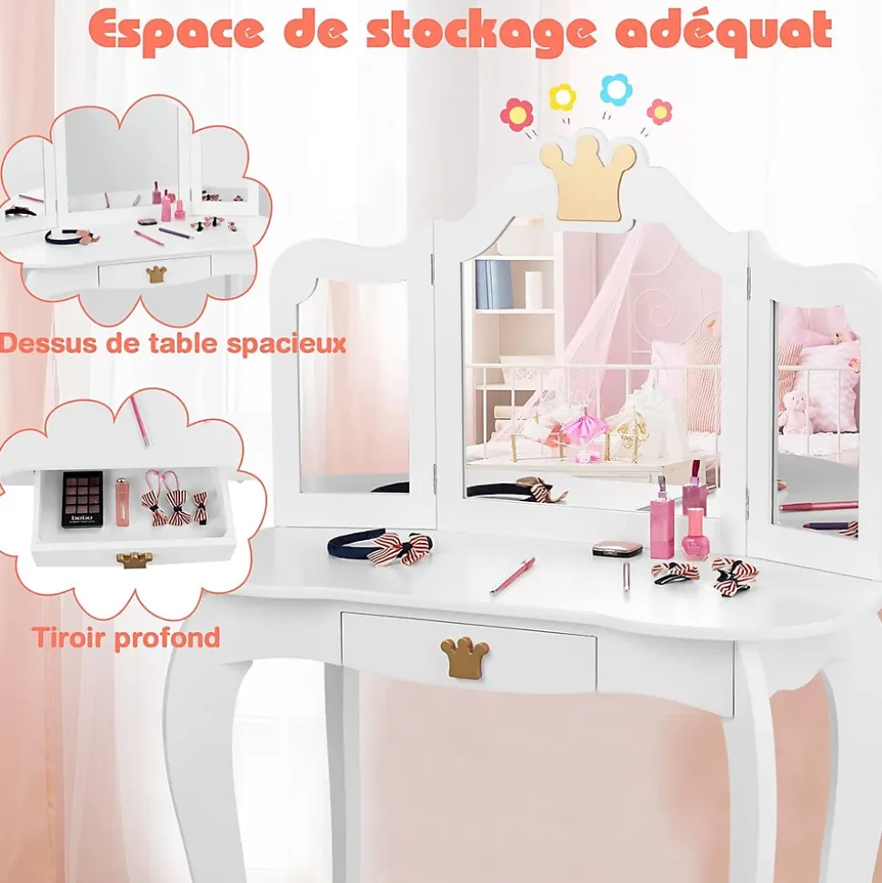 Coiffeuse Enfant 3 7 Ans 2 en 1 Table de Maquillage avec Tabouret 3 Miroirs Amovibles 1 Tiroir Pieds en Bois de Pin