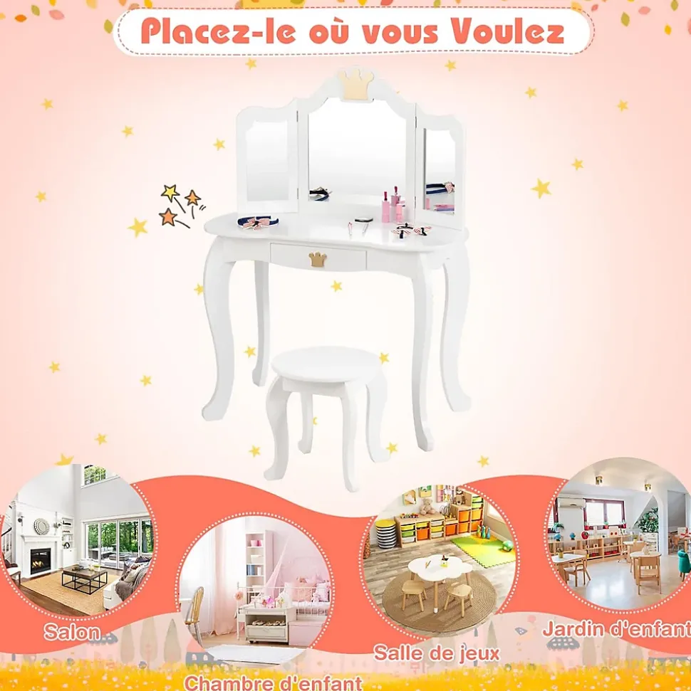 Coiffeuse Enfant 3 7 Ans 2 en 1 Table de Maquillage avec Tabouret 3 Miroirs Amovibles 1 Tiroir Pieds en Bois de Pin