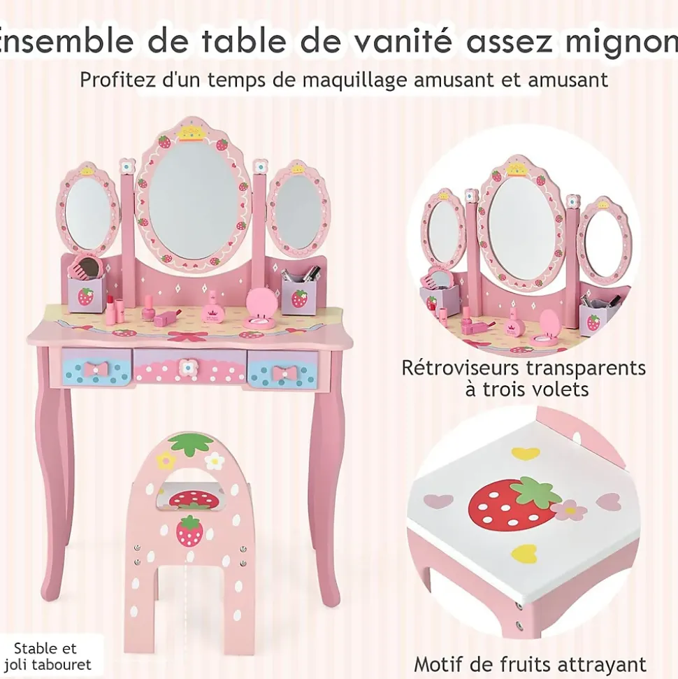 Coiffeuse Enfant 2 en 1, Table de Maquillage avec Tabouret et 3 Miroirs Amovibles, 3 Tiroirs et 2 Boîtes de Rangement,Charge 20KG