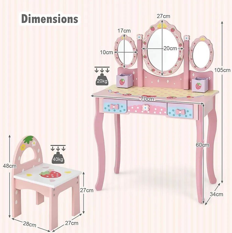 Coiffeuse Enfant 2 en 1, Table de Maquillage avec Tabouret et 3 Miroirs Amovibles, 3 Tiroirs et 2 Boîtes de Rangement,Charge 20KG
