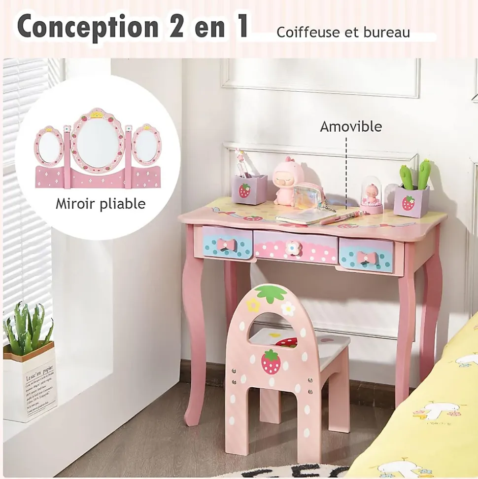 Coiffeuse Enfant 2 en 1, Table de Maquillage avec Tabouret et 3 Miroirs Amovibles, 3 Tiroirs et 2 Boîtes de Rangement,Charge 20KG