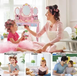 Coiffeuse Enfant 2 en 1, Table de Maquillage avec Tabouret et 3 Miroirs Amovibles, 3 Tiroirs et 2 Boîtes de Rangement,Charge 20KG