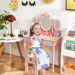 Coiffeuse Enfant 2 en 1, Table de Maquillage avec Tabouret et 3 Miroirs Amovibles, 3 Tiroirs et 2 Boîtes de Rangement,Charge 20KG
