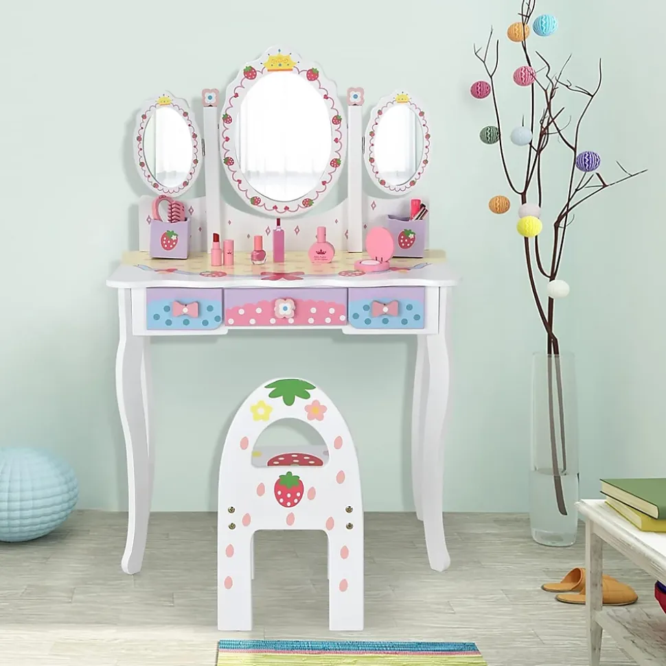 Coiffeuse Enfant 2 en 1, Table de Maquillage avec Tabouret et 3 Miroirs Amovibles, 3 Tiroirs et 2 Boîtes de Rangement,Charge 20KG