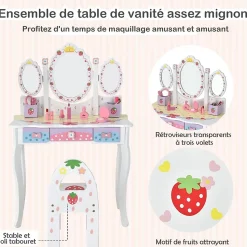 Coiffeuse Enfant 2 en 1, Table de Maquillage avec Tabouret et 3 Miroirs Amovibles, 3 Tiroirs et 2 Boîtes de Rangement,Charge 20KG