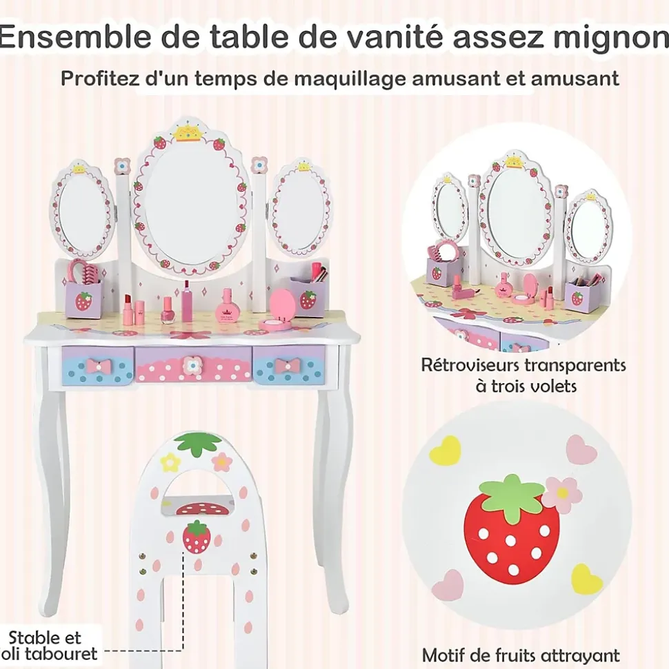 Coiffeuse Enfant 2 en 1, Table de Maquillage avec Tabouret et 3 Miroirs Amovibles, 3 Tiroirs et 2 Boîtes de Rangement,Charge 20KG