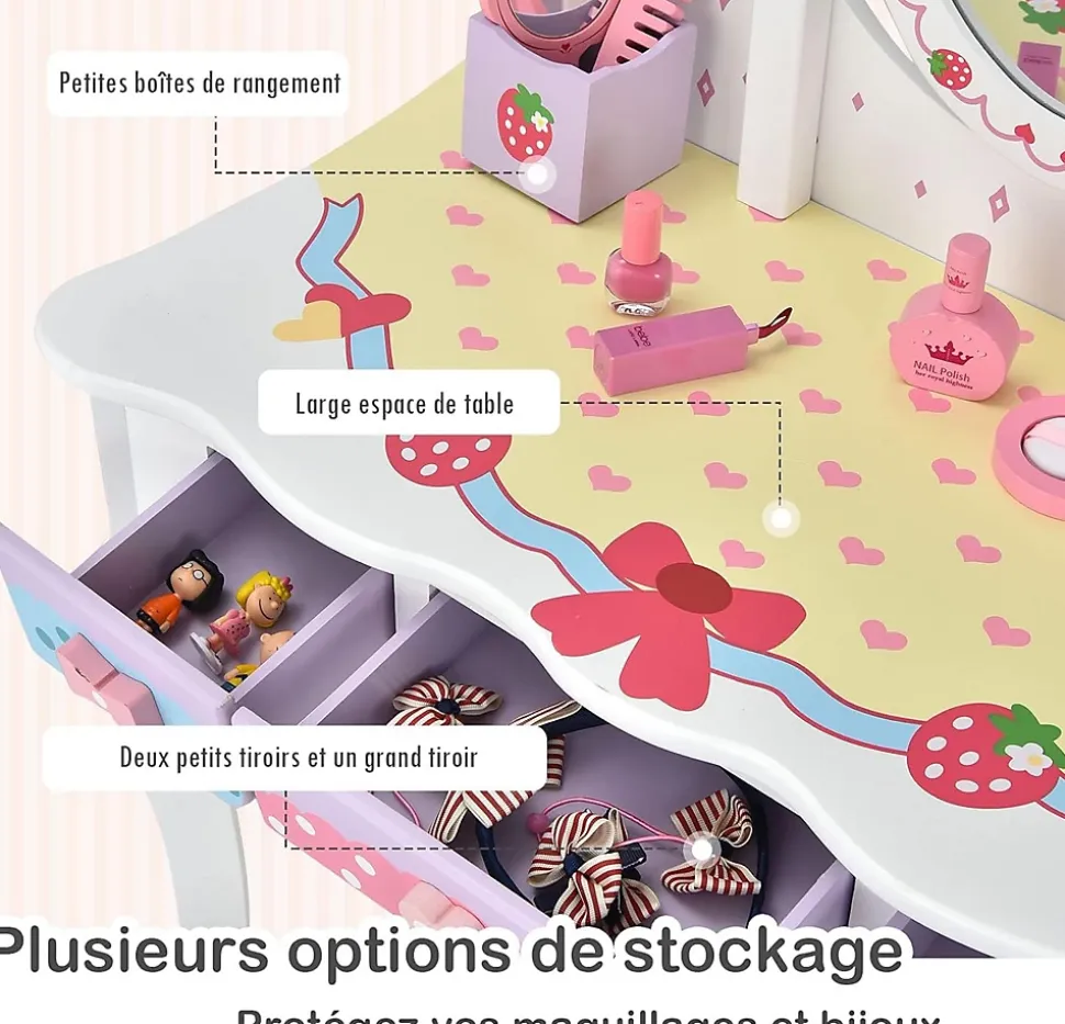 Coiffeuse Enfant 2 en 1, Table de Maquillage avec Tabouret et 3 Miroirs Amovibles, 3 Tiroirs et 2 Boîtes de Rangement,Charge 20KG