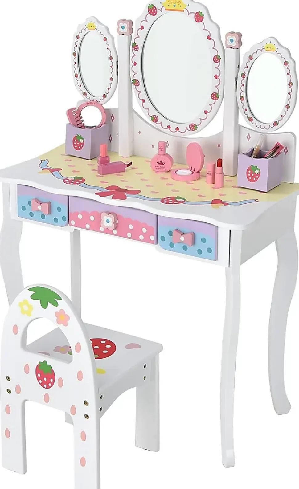 Coiffeuse Enfant 2 en 1, Table de Maquillage avec Tabouret et 3 Miroirs Amovibles, 3 Tiroirs et 2 Boîtes de Rangement,Charge 20KG