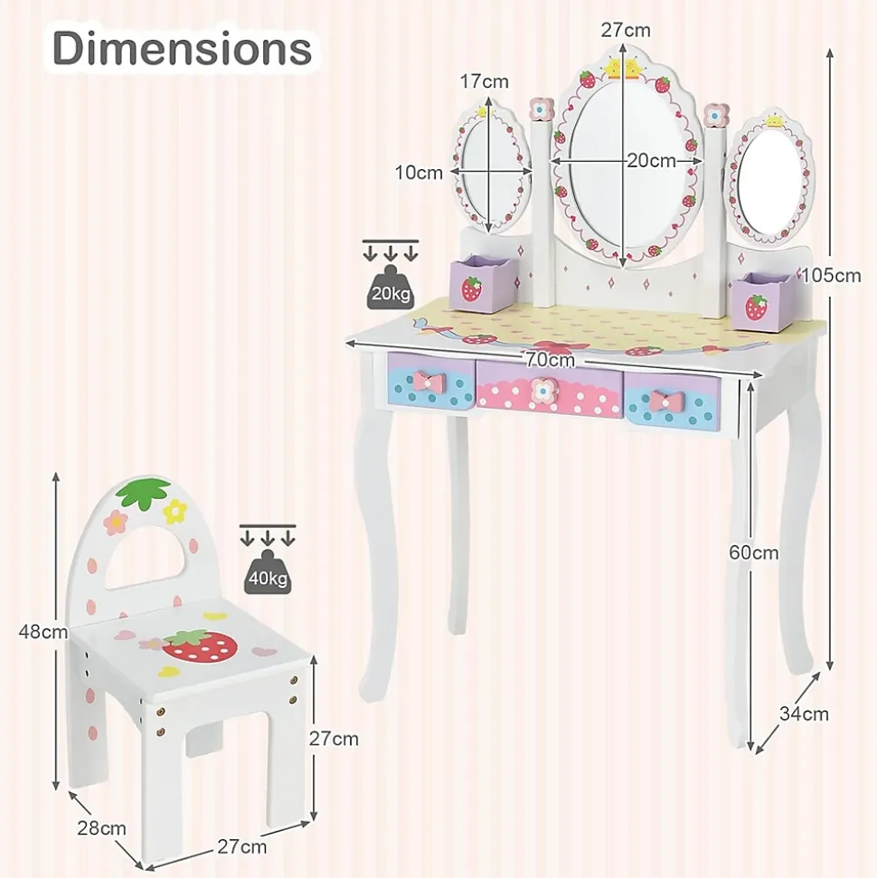 Coiffeuse Enfant 2 en 1, Table de Maquillage avec Tabouret et 3 Miroirs Amovibles, 3 Tiroirs et 2 Boîtes de Rangement,Charge 20KG