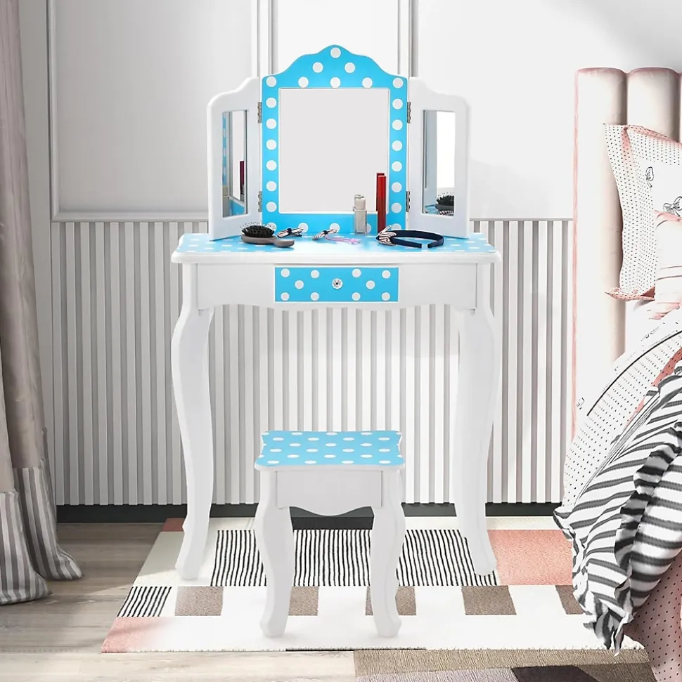 Coiffeuse Enfant avec Tabouret 2 en 1 Table de Maquillage avec Miroir Rabattable Tiroir Unique Plateau Amovible