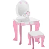 Coiffeuse enfant design licorne - tabouret inclus - dim. 49L x 34l x 90H cm - tiroir, miroir - MDF - rose blanc