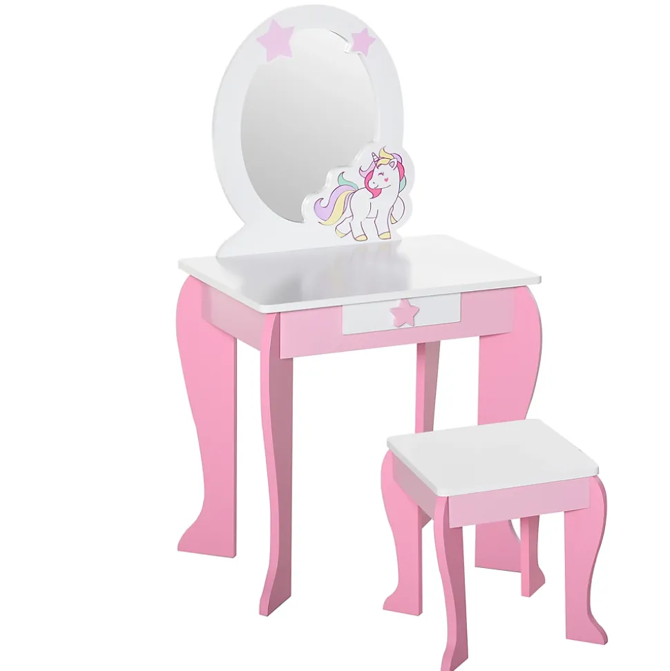 Coiffeuse enfant design licorne - tabouret inclus - dim. 49L x 34l x 90H cm - tiroir, miroir - MDF - rose blanc