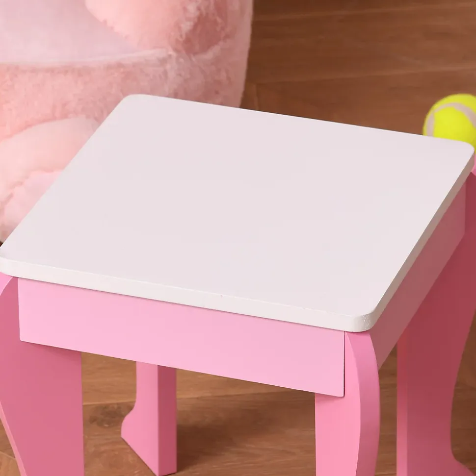 Coiffeuse enfant design licorne - tabouret inclus - dim. 49L x 34l x 90H cm - tiroir, miroir - MDF - rose blanc