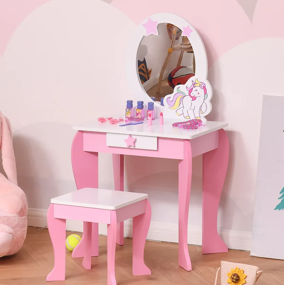 Coiffeuse enfant design licorne - tabouret inclus - dim. 49L x 34l x 90H cm - tiroir, miroir - MDF - rose blanc