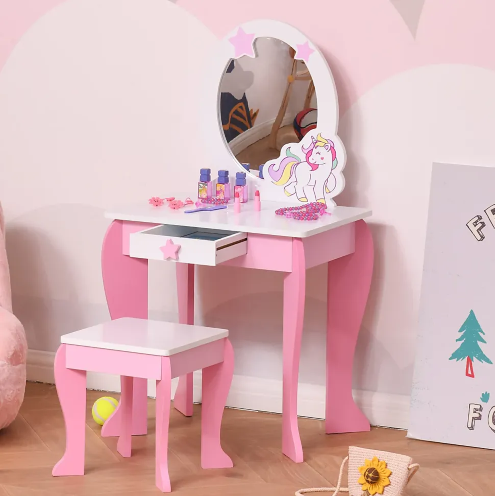 Coiffeuse enfant design licorne - tabouret inclus - dim. 49L x 34l x 90H cm - tiroir, miroir - MDF - rose blanc