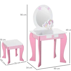 Coiffeuse enfant design licorne - tabouret inclus - dim. 49L x 34l x 90H cm - tiroir, miroir - MDF - rose blanc