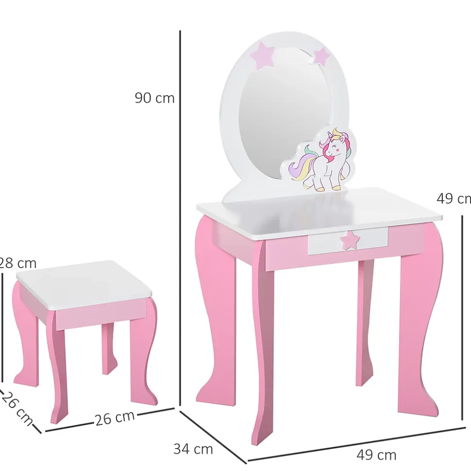 Coiffeuse enfant design licorne - tabouret inclus - dim. 49L x 34l x 90H cm - tiroir, miroir - MDF - rose blanc