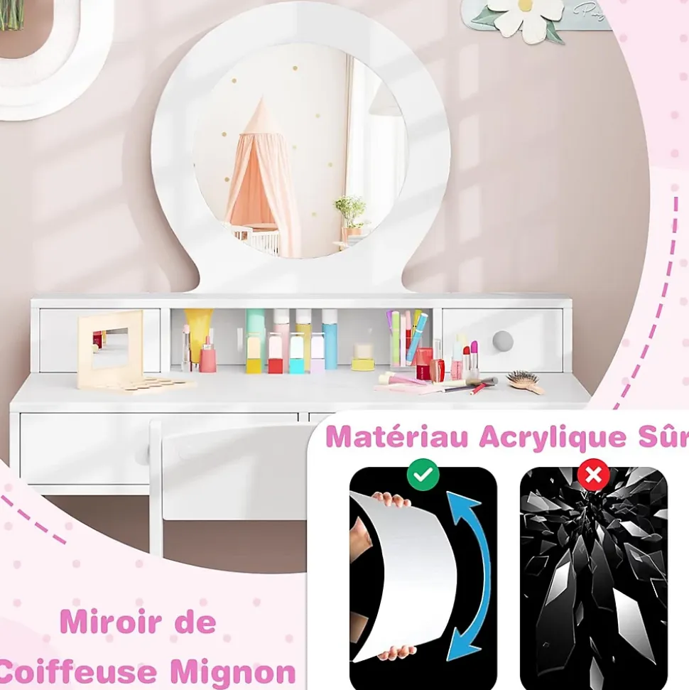 Coiffeuse Enfant Fille avec Miroir et Tabouret,avec Rangement,Etagère Ouverte,4 Tiroirs,Dispositif Anti-Basculement,pour 3+ Ans