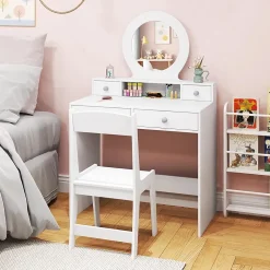 Coiffeuse Enfant Fille avec Miroir et Tabouret,avec Rangement,Etagère Ouverte,4 Tiroirs,Dispositif Anti-Basculement,pour 3+ Ans