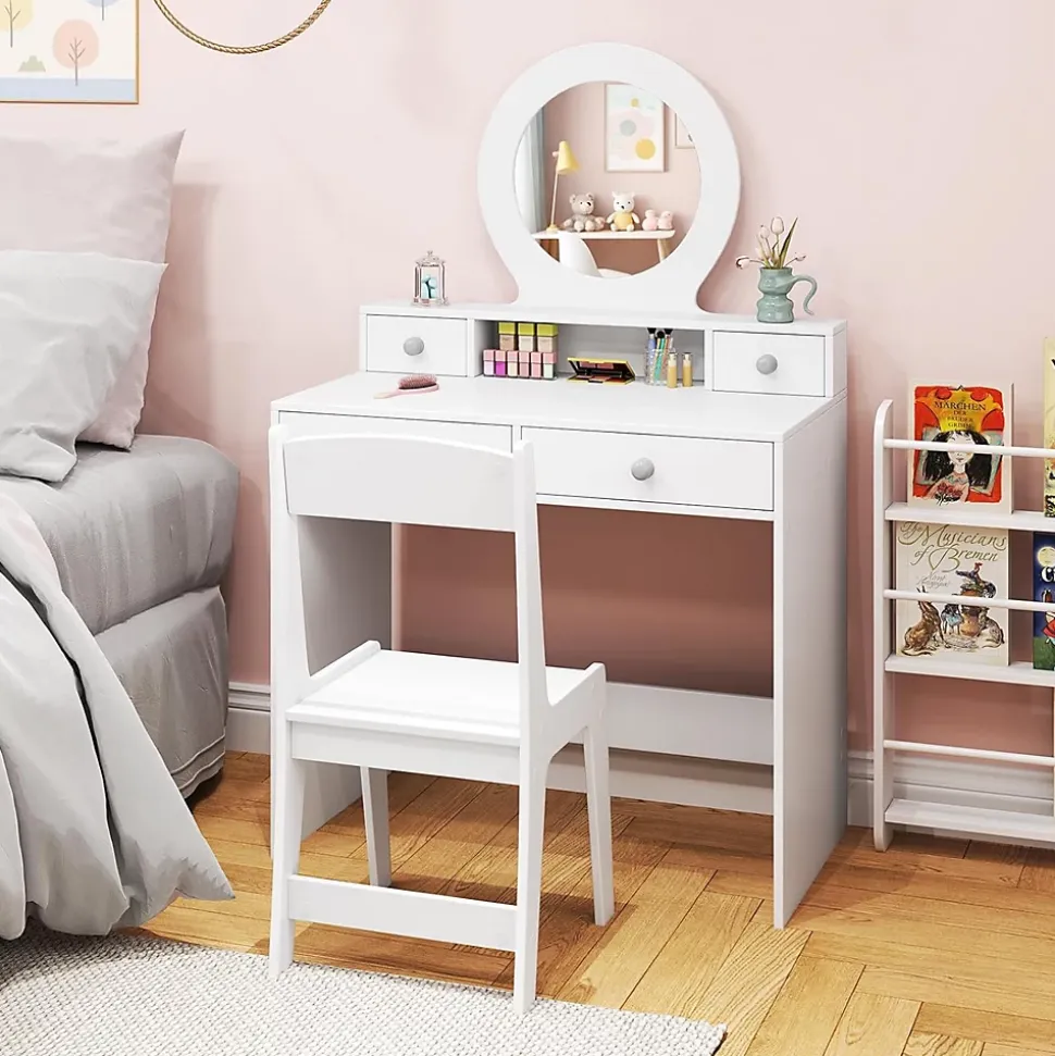 Coiffeuse Enfant Fille avec Miroir et Tabouret,avec Rangement,Etagère Ouverte,4 Tiroirs,Dispositif Anti-Basculement,pour 3+ Ans