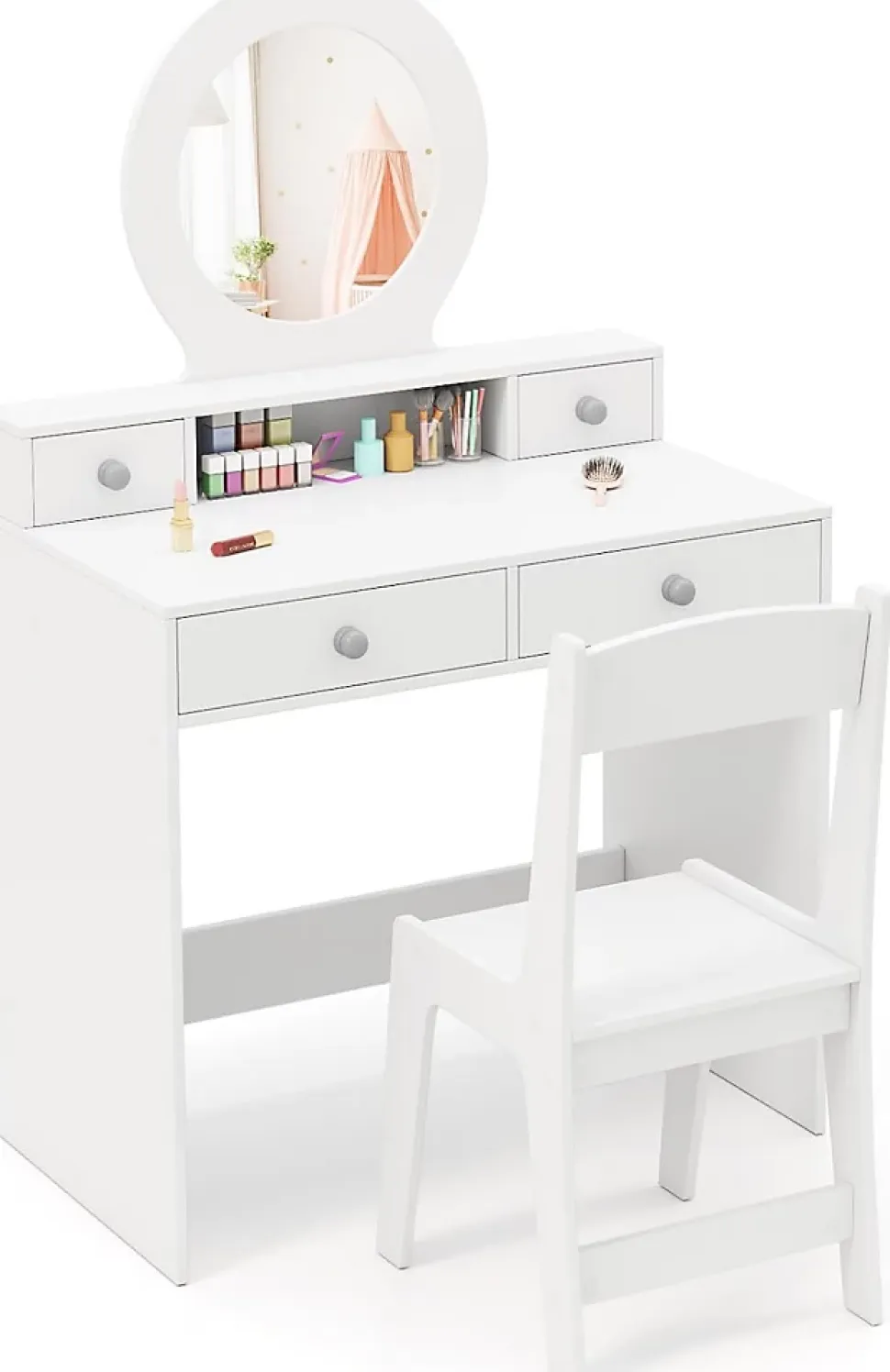 Coiffeuse Enfant Fille avec Miroir et Tabouret,avec Rangement,Etagère Ouverte,4 Tiroirs,Dispositif Anti-Basculement,pour 3+ Ans