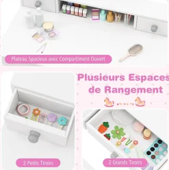 Coiffeuse Enfant Fille avec Miroir et Tabouret,avec Rangement,Etagère Ouverte,4 Tiroirs,Dispositif Anti-Basculement,pour 3+ Ans