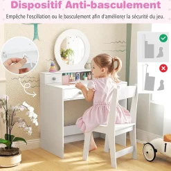 Coiffeuse Enfant Fille avec Miroir et Tabouret,avec Rangement,Etagère Ouverte,4 Tiroirs,Dispositif Anti-Basculement,pour 3+ Ans