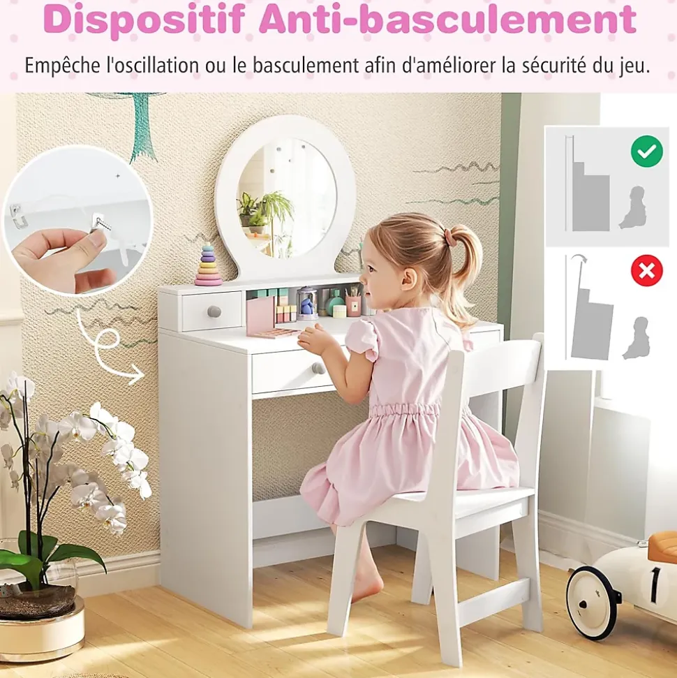Coiffeuse Enfant Fille avec Miroir et Tabouret,avec Rangement,Etagère Ouverte,4 Tiroirs,Dispositif Anti-Basculement,pour 3+ Ans