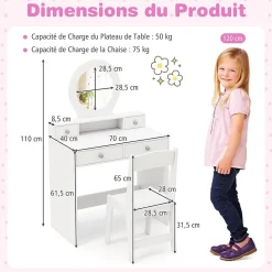 Coiffeuse Enfant Fille avec Miroir et Tabouret,avec Rangement,Etagère Ouverte,4 Tiroirs,Dispositif Anti-Basculement,pour 3+ Ans