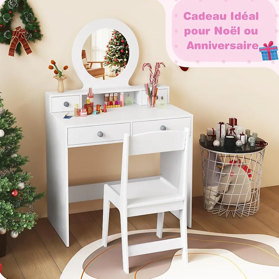 Coiffeuse Enfant Fille avec Miroir et Tabouret,avec Rangement,Etagère Ouverte,4 Tiroirs,Dispositif Anti-Basculement,pour 3+ Ans