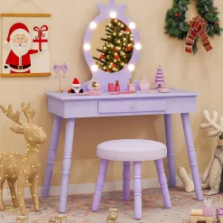 Coiffeuse Enfant Fille avec Miroir et Tabouret, Lumières LED 3 Couleurs, Table de Maquillage avec Accessoires de Beauté, Violet