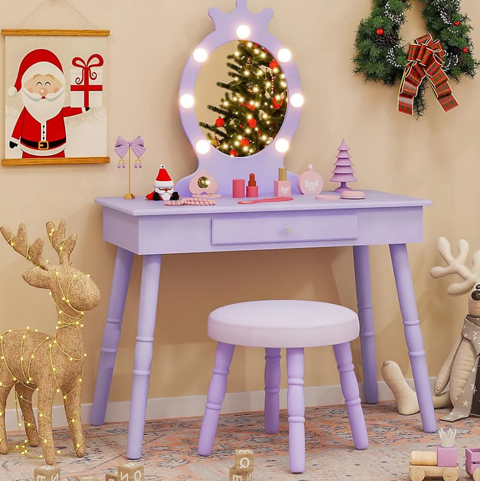 Coiffeuse Enfant Fille avec Miroir et Tabouret, Lumières LED 3 Couleurs, Table de Maquillage avec Accessoires de Beauté, Violet