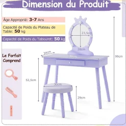 Coiffeuse Enfant Fille avec Miroir et Tabouret, Lumières LED 3 Couleurs, Table de Maquillage avec Accessoires de Beauté, Violet