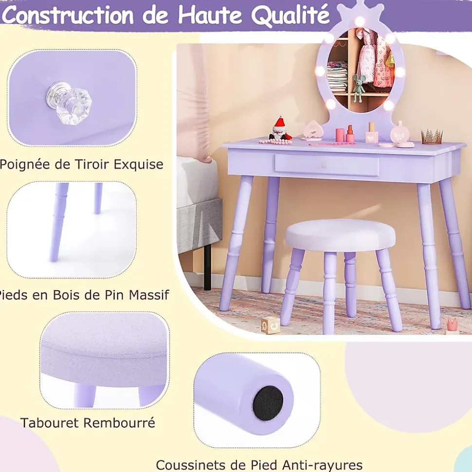 Coiffeuse Enfant Fille avec Miroir et Tabouret, Lumières LED 3 Couleurs, Table de Maquillage avec Accessoires de Beauté, Violet