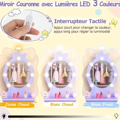 Coiffeuse Enfant Fille avec Miroir et Tabouret, Lumières LED 3 Couleurs, Table de Maquillage avec Accessoires de Beauté, Violet