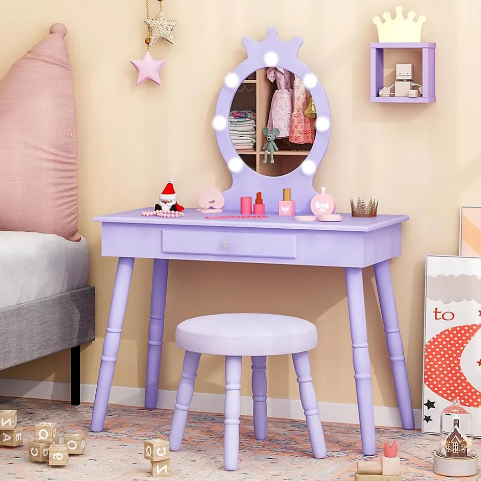 Coiffeuse Enfant Fille avec Miroir et Tabouret, Lumières LED 3 Couleurs, Table de Maquillage avec Accessoires de Beauté, Violet