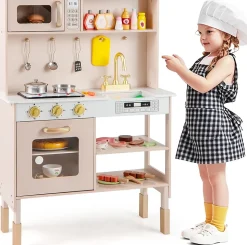 Coiffeuse Enfant Fille avec Miroir à 3 Volets Amovible et Tiroir, Table de Maquillage avec Tabouret, Rose