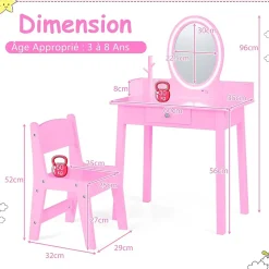 Coiffeuse Enfant Fille avec Lumière LED Bicolore Table de Maquillage avec Chaise Tiroir Miroir Ovale Rose