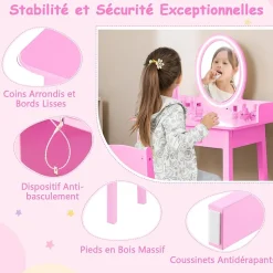 Coiffeuse Enfant Fille avec Lumière LED Bicolore Table de Maquillage avec Chaise Tiroir Miroir Ovale Rose