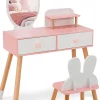 Coiffeuse Enfant Fille avec Mirroir et Tabouret, avec 2 Tiroirs et 1 Étagère Supplémentaire (Blanc)