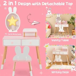 Coiffeuse Enfant Fille avec Mirroir et Tabouret, avec 2 Tiroirs et 1 Étagère Supplémentaire (Blanc)