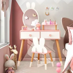 Coiffeuse Enfant Fille avec Mirroir et Tabouret, avec 2 Tiroirs et 1 Étagère Supplémentaire (Blanc)