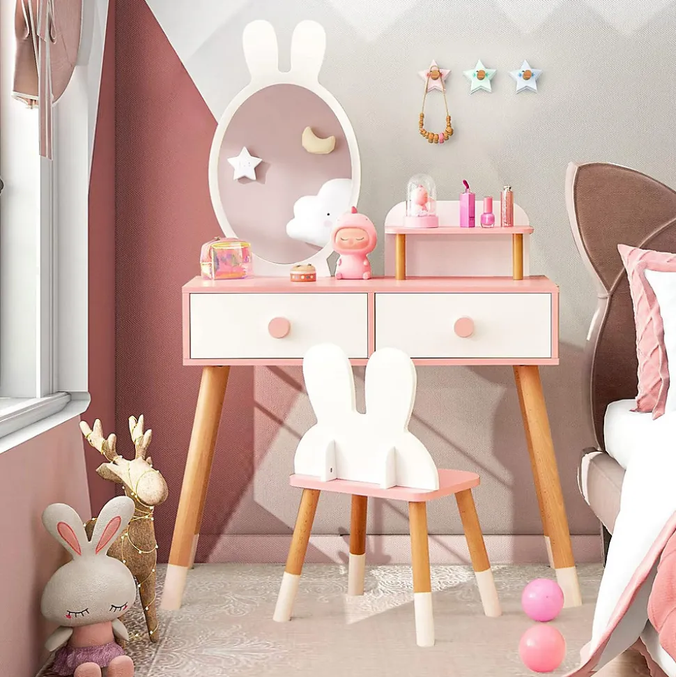 Coiffeuse Enfant Fille avec Mirroir et Tabouret, avec 2 Tiroirs et 1 Étagère Supplémentaire (Blanc)