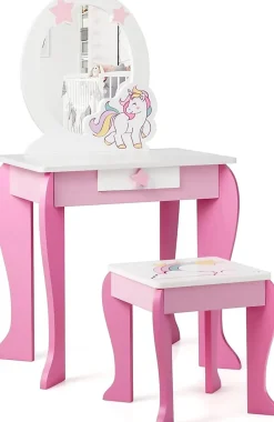 Coiffeuse Enfant Fille, Table de Maquillage avec Tabouret et Miroir Amovible, Table Fille Motif Licorne avec Tiroir,49X34X89,5CM