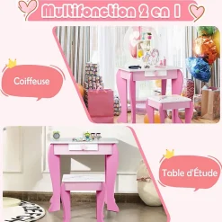 Coiffeuse Enfant Fille, Table de Maquillage avec Tabouret et Miroir Amovible, Table Fille Motif Licorne avec Tiroir,49X34X89,5CM