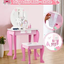Coiffeuse Enfant Fille, Table de Maquillage avec Tabouret et Miroir Amovible, Table Fille Motif Licorne avec Tiroir,49X34X89,5CM