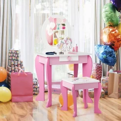 Coiffeuse Enfant Fille, Table de Maquillage avec Tabouret et Miroir Amovible, Table Fille Motif Licorne avec Tiroir,49X34X89,5CM