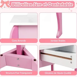 Coiffeuse Enfant Fille, Table de Maquillage avec Tabouret et Miroir Amovible, Table Fille Motif Licorne avec Tiroir,49X34X89,5CM