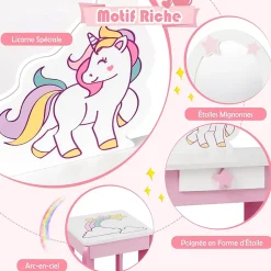 Coiffeuse Enfant Fille, Table de Maquillage avec Tabouret et Miroir Amovible, Table Fille Motif Licorne avec Tiroir,49X34X89,5CM