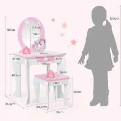 Coiffeuse Enfant Fille, Table de Maquillage avec Tabouret et Miroir Amovible, Table Fille Motif Licorne avec Tiroir 49X34X89,5CM